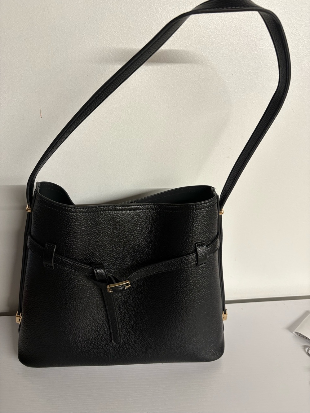 Structured Black Shoulder Bag with Gold Accent